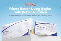 BElixz product line featuring SHIRUTO, LIVCORE, and I-VXION against a light blue background with the tagline "Where Better Living Begins with Better Nutrition"